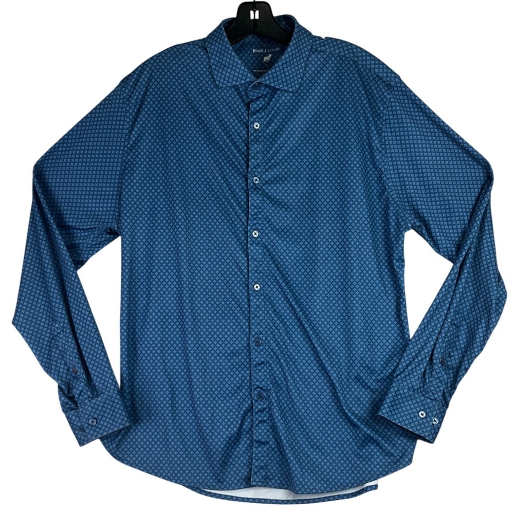 Horn Legend Performance Luxury Button Down Mens L Blue Geometric Stretch Golf